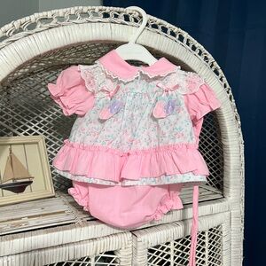 Vintage mini togs pink floral outfit with matching bloomers and bonnet